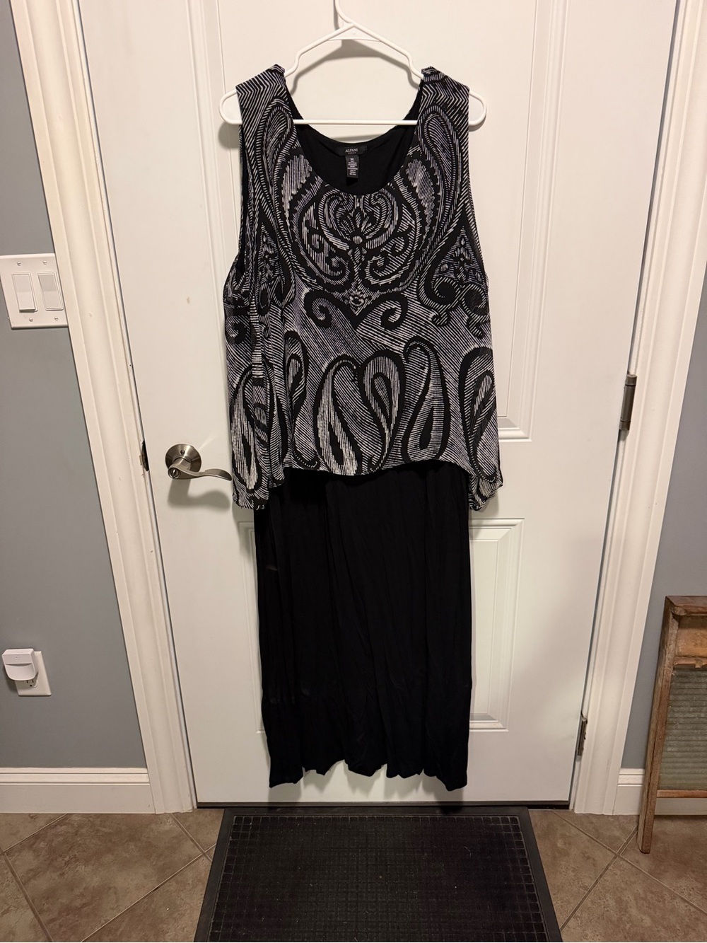 Alfani Black and White Sleeveless Maxi Dress with Patterned Overlay